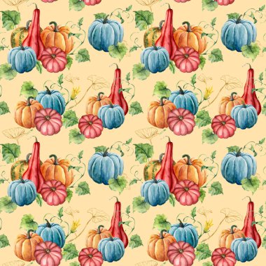 Altın Gourds ile suluboya Dikişsiz desen. Siyah arka planda izole yaprakları ile el boyalı balkabakları. Sonbahar Festivali. Tasarım, baskı, kumaş veya arka plan için botanik illüstrasyon.