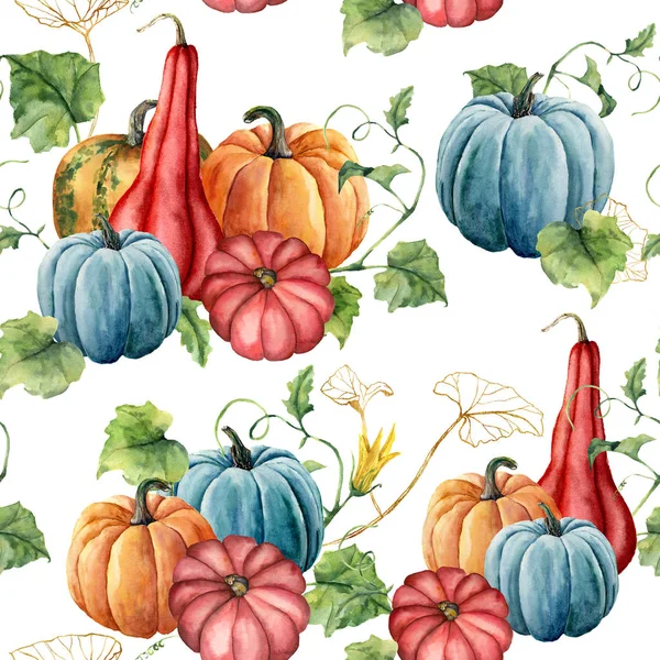 Patrón sin costuras de acuarela con composición de calabazas doradas. Calabazas pintadas a mano con hojas aisladas sobre fondo blanco. Ilustración botánica para el festival de otoño, diseño, impresión o fondo . — Foto de Stock