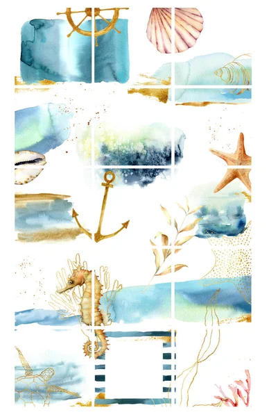 海の動物や植物とソーシャルメディアバナーのためのデザインの背景。Instagramポストフレームテンプレートのセット。美容ブログや海のテーマのためのモックアップ。プロモーション用のレイアウト. — ストック写真