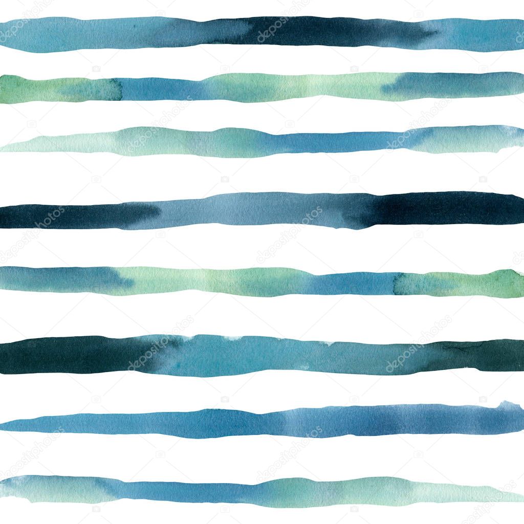 Watercolor card with blue and green vertical stripes. Hand painted sea or ocean abstract texture isolated on white background. Aquatic illustration for design, print or background.