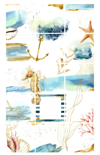 Дизайн фона для баннера социальных сетей с растениями и морскими животными. Набор шаблонов рамок для сообщений Instagram. Модель для красоты блог или морская тема. Макет для продвижения . — стоковое фото