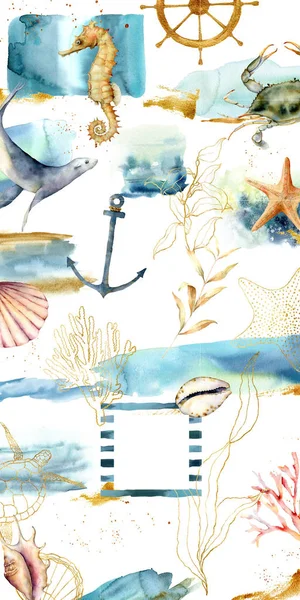Дизайн фона для баннера социальных сетей с текстурами, морскими животными и растениями. Набор шаблонов рамок для сообщений Instagram. Модель для красоты блог или морская тема. Макет для продвижения . — стоковое фото