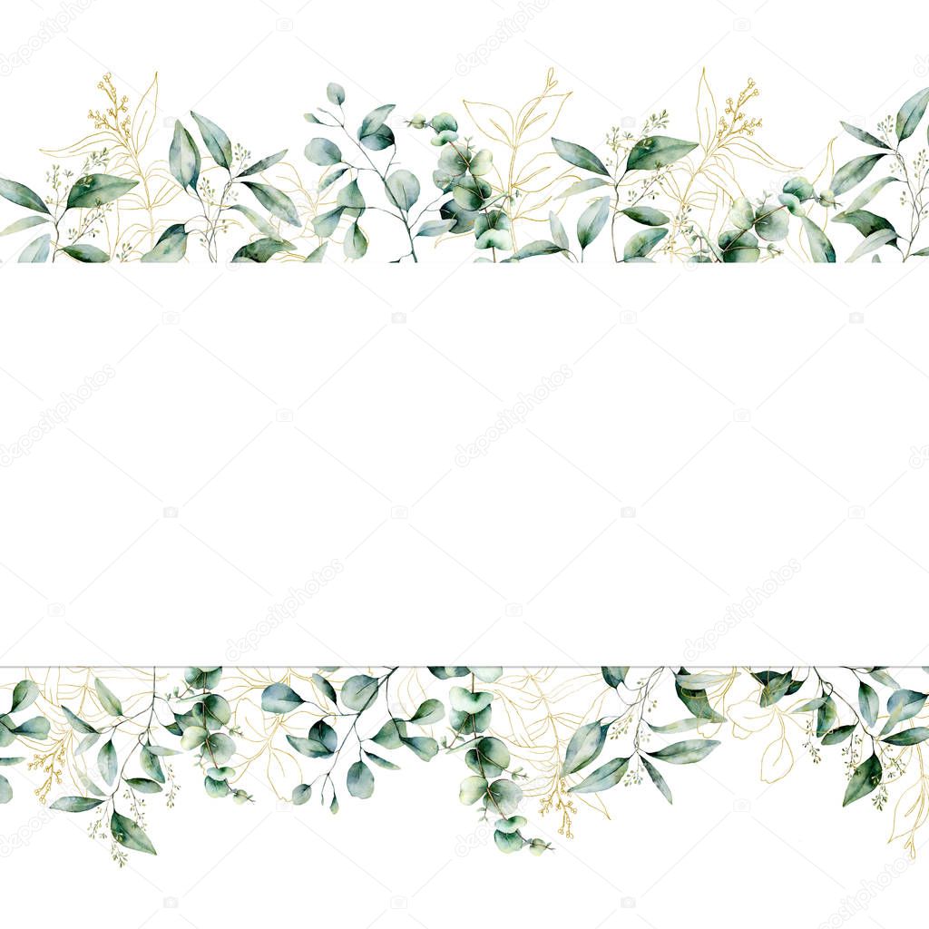 Watercolor gold eucalyptus seamless banner. Hand painted eucalyptus branch and leaves isolated on white background. Line art floral illustration for design, print, fabric or background.