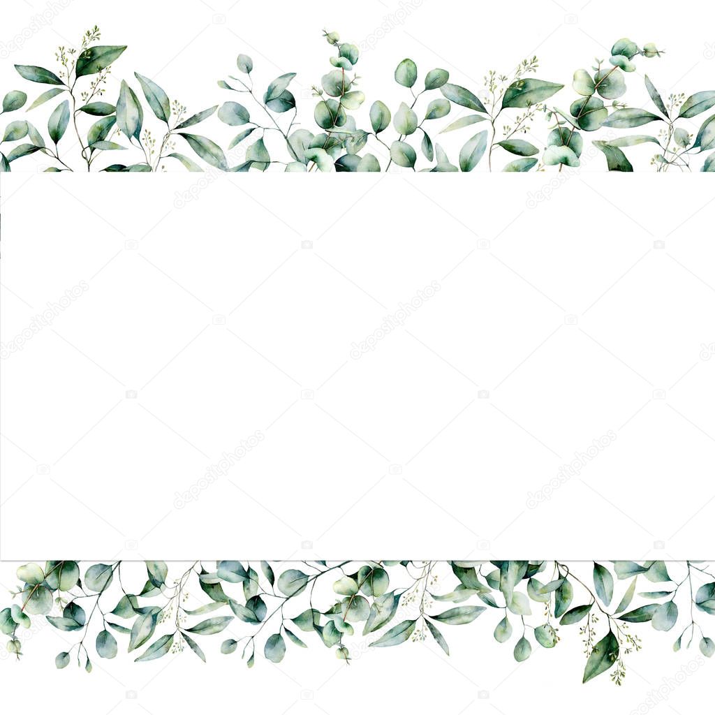 Watercolor eucalyptus seamless banner. Hand painted eucalyptus branch and leaves isolated on white background. Floral illustration for design, print, fabric or background.