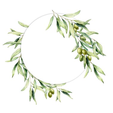 Yeşil zeytin meyveleri ve yaprakları ile suluboya çelenk. El boyalı çiçek daire sınır zeytin meyve ve beyaz arka plan üzerinde izole yaprakları ile ağaç dalları ile. Tasarım, baskı ve kumaş için.
