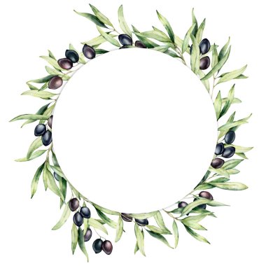 Siyah zeytin meyveleri ve yaprakları ile suluboya çelenk. El boyalı çiçek daire sınır zeytin meyve ve beyaz arka plan üzerinde izole yaprakları ile ağaç dalları ile. Tasarım, baskı ve kumaş için.