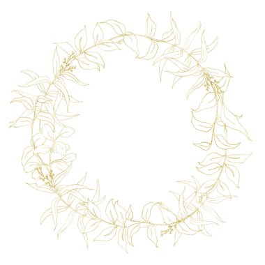 Suluboya altın okaliptüs çelenk. Dalları ve beyaz arka plan üzerinde izole yaprakları ile el boyalı çiçek daire kenar. Tasarım, baskı ve kumaş için.