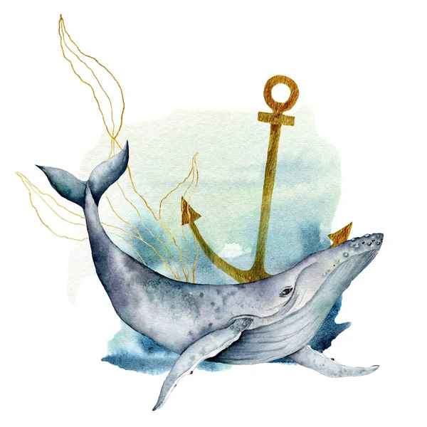 水彩水下卡与蓝鲸。手绘构图与锚和金色拉米纳里亚隔离在白色背景。用于设计、织物印花或背景的线条艺术插图. — 图库照片
