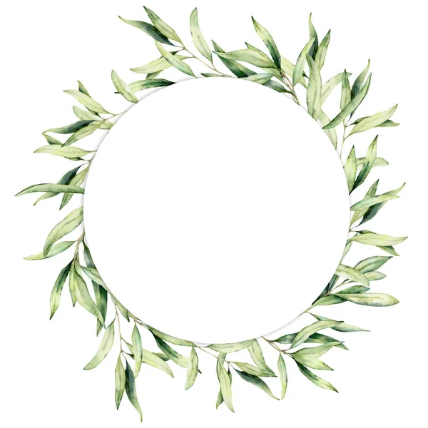 Corona de acuarela con hojas de olivo. Frontera circular floral pintada a mano con ramas de olivo y hojas aisladas sobre fondo blanco. Para diseño, impresión y tela . — Foto de Stock