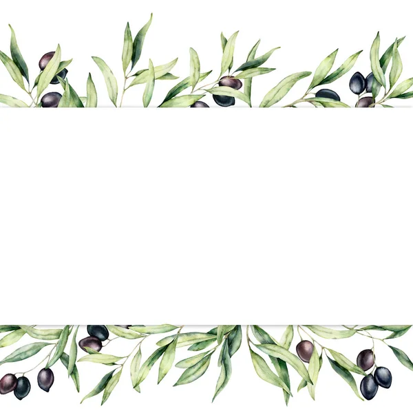 黒いオリーブの果実と枝と水彩画の境界線。白い背景に隔離されたオリーブと手描きの植物バナー。デザイン、プリント、ファブリックまたは背景のための花のイラスト. — ストック写真
