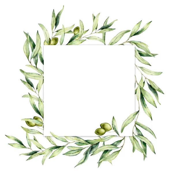 緑のオリーブベリーと水彩画の境界線。白い背景に隔離されたオリーブの枝を持つ手描きの植物カード。デザイン、プリント、ファブリックまたは背景のための花のイラスト. — ストック写真