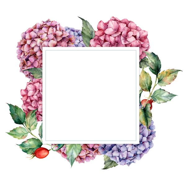 水彩边界与紫杉叶，绣球和狗玫瑰。手绘植物卡与分支和花隔离在白色背景。用于设计、打印或背景的花卉插图. — 图库照片