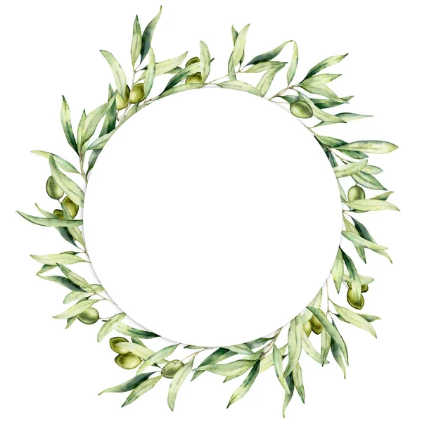 Akvarel se zelenými olivovými bobule a listy. Ručně natřené květinové ohraničení s olivovými plody a větvemi s listy izolovanými na bílém pozadí. Pro návrh, tisk a textilie. — Stock fotografie