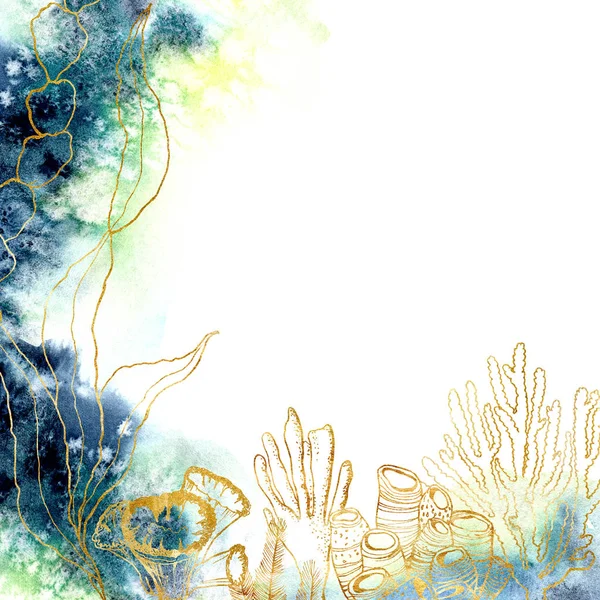 Akwarela podwodna karta z Laminaria. Ręcznie malowane kompozycji z złotej rafy koralowej i tekstury oceanu izolowane na białym tle. Ilustracja sztuki linii do projektowania, drukowania lub tła. — Zdjęcie stockowe