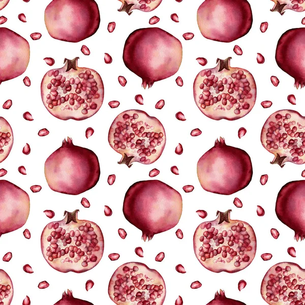 Aquarel granaatappel naadloze patroon. Handgeschilderde granaat fruit, bessen en slice geïsoleerd op witte achtergrond. Floral elegante illustratie voorontwerp, afdrukken, stof of achtergrond. — Stockfoto