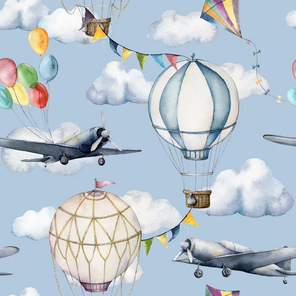 Akvarell varrat nélküli mintázat a felhők és aerostates. Kézzel festett égbolt illusztráció hőlégballonok, repülőgépek és girlandok elszigetelt kék háttér. Formatervezés, nyomatok, szövet vagy háttér. — Stock Fotó