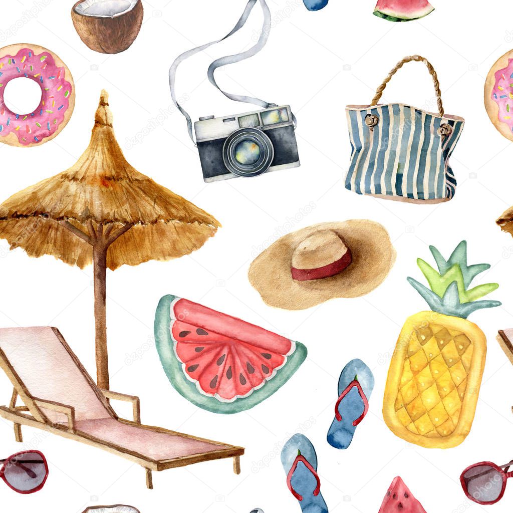 Watercolor vacation seamless pattern. Hand painted summer beach objects: sunglasses, beach umbrella, watermelonl, beach chair and straw hat. Illustration isolated on blue background.