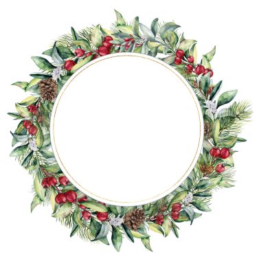 Çam kozalağı ve çilek ile suluboya daire şablonu. El boyalı köknar ve okaliptüs yaprakları, kırmızı ve beyaz çilek beyaz arka plan izole. Baskı, tasarım için Noel çiçek illüstrasyon.