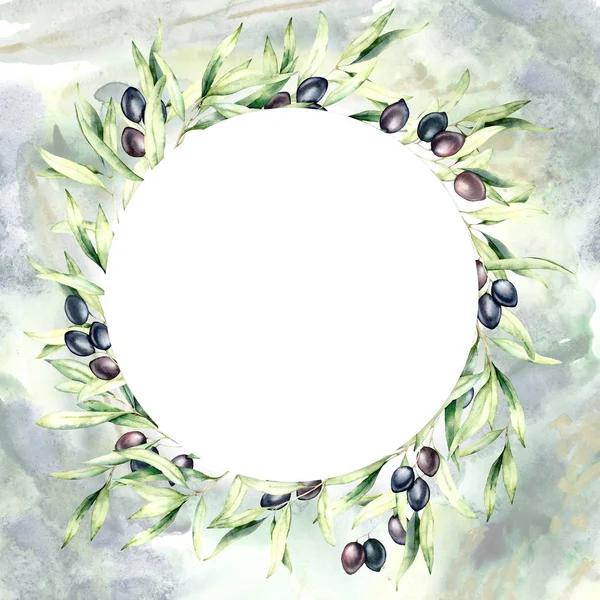 Watercolor wreath with leaves and black olive berries. Hand painted floral circle border with olive fruit and tree branches with leaves isolated on white background. For design, print and fabric.