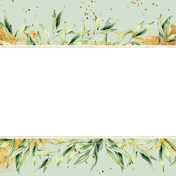 수채화 올리브 분기 배너입니다. 흰색 배경에 고립 된 손으로 그린 식물 테두리. 디자인, 인쇄, 패브릭 또는 배경을 위한 꽃 일러스트레이션. — 스톡 사진