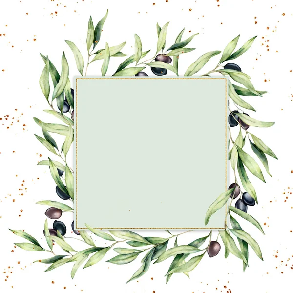 검은 색과 녹색 올리브 열매와 수채화 테두리. 흰색 배경에 고립 된 올리브 가지와 손으로 그린 식물 카드. 디자인, 인쇄, 패브릭 또는 배경을 위한 꽃 일러스트레이션. — 스톡 사진