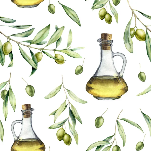 Modello acquerello con olive verdi e olio d'oliva. Olive dipinte a mano foglie, rami e bacche, olio d'oliva in bottiglie isolate su fondo bianco. Illustrazione alimentare per design, stampa . — Foto Stock