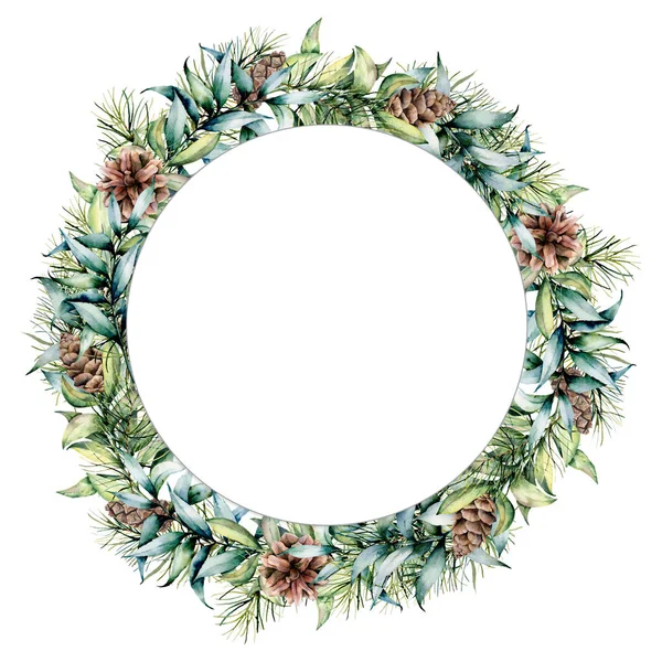 Watercolor circle template with pine cone and eucalyptus leaves. Hand painted fir and eucalyptus branches isolated on white background. Christmas floral illustration for print, design or background. — Stock Photo, Image