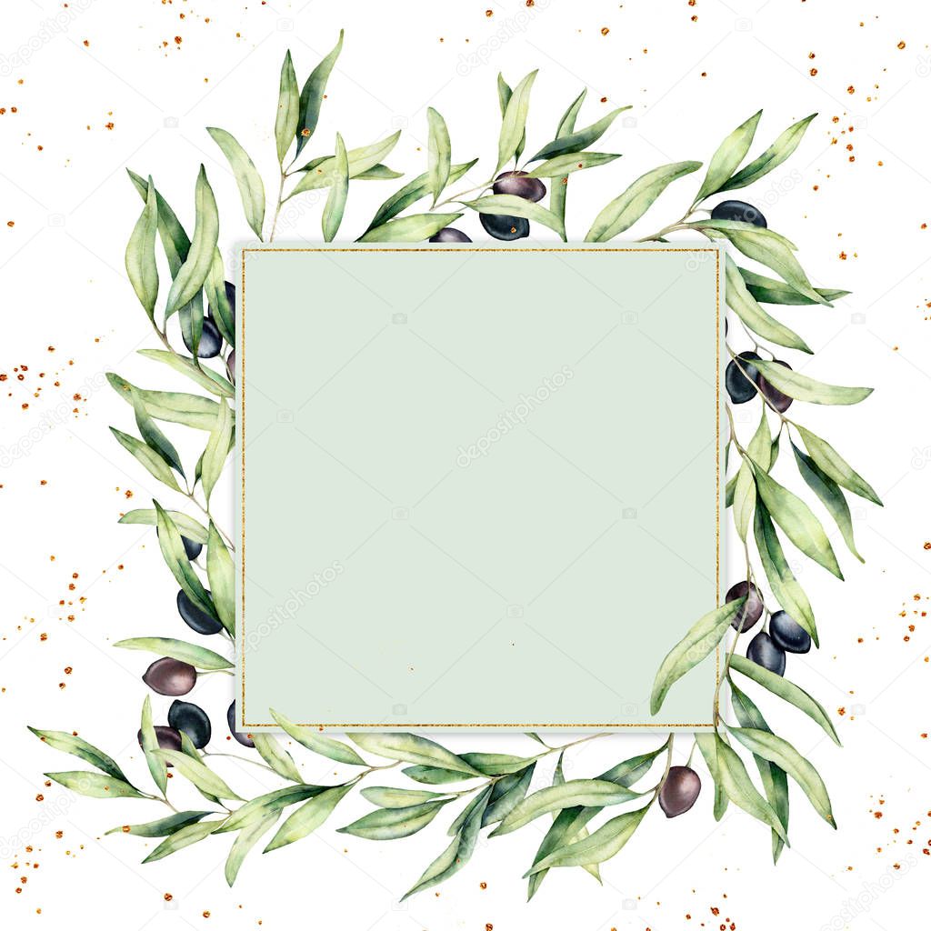Watercolor border with black and green olive berries. Hand painted botanical card with olives branch isolated on white background. Floral illustration for design, print, fabric or background.