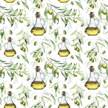 Yeşil zeytin ve zeytinyağı ile suluboya dikişsiz desen. El boyaması zeytin yaprakları, dalları ve çilek, beyaz arka plan üzerinde izole şişelerde zeytinyağı. Tasarım, baskı için gıda illüstrasyon.