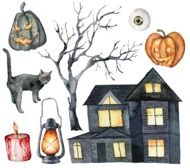Suluboya halloween parlayan tatil elemanları ile ayarlayın. El kedi, kabak, ev, fener, ağaç, mum ve göz tasarım, baskı veya arka plan için beyaz arka plan izole ile ayarlanmış boyalı.