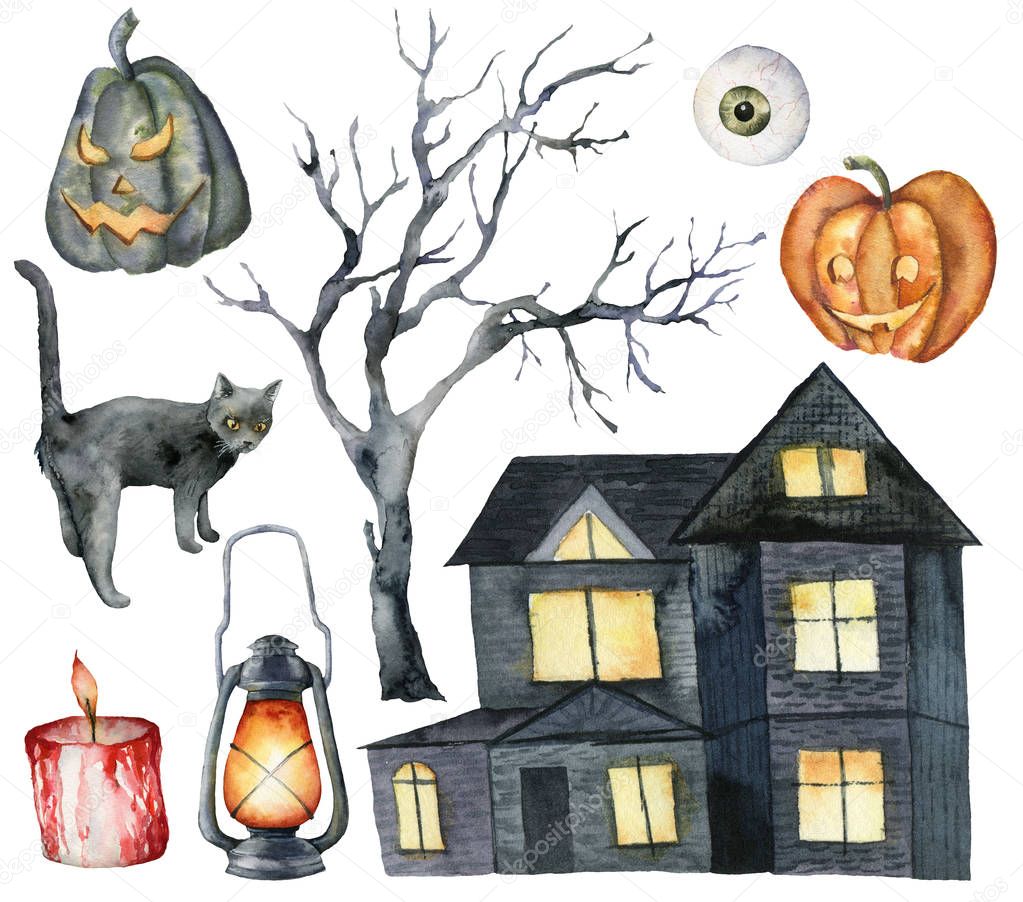 Watercolor halloween set with glowing holiday elements. Hand painted set with cat, pumpkin, house, lantern, tree, candle and eye isolated on white background for design, print or background