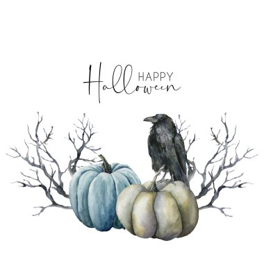 Karga ve kabak ile suluboya halloween kartı. Beyaz arka plan üzerinde izole kamışlar ve siyah ağaç ile el boyaması tatil şablonu. Tasarım, baskı veya arka plan için çizim.