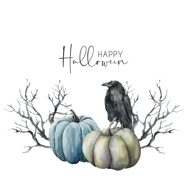 Tarjeta de halloween acuarela con cuervo y calabazas. Plantilla de vacaciones pintada a mano con calabazas y árbol negro aislado sobre fondo blanco. Ilustración para diseño, impresión o fondo . —  Fotos de Stock