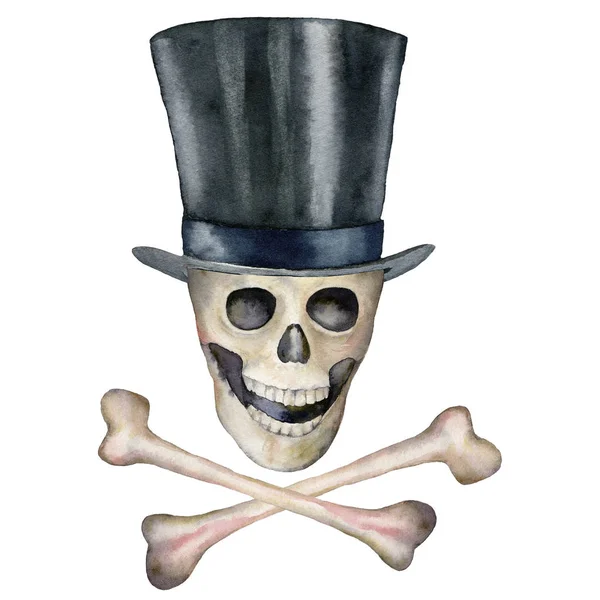 Akvarell Halloween kort med Jolly Roger och hatt. Handmålad semester mall med dödskalle och ben isolerad på vit bakgrund. Illustration för design, utskrift eller bakgrund. — Stockfoto