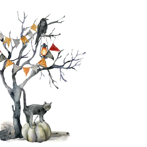 검은 나무와 고양이 와 수채화 할로윈 카드. 까마귀, 깃발 화환, 톰캣과 흰색 배경에 고립 된 호박손으로 그린 휴가 템플릿. 디자인, 인쇄, 배경용 일러스트레이션. — 스톡 사진