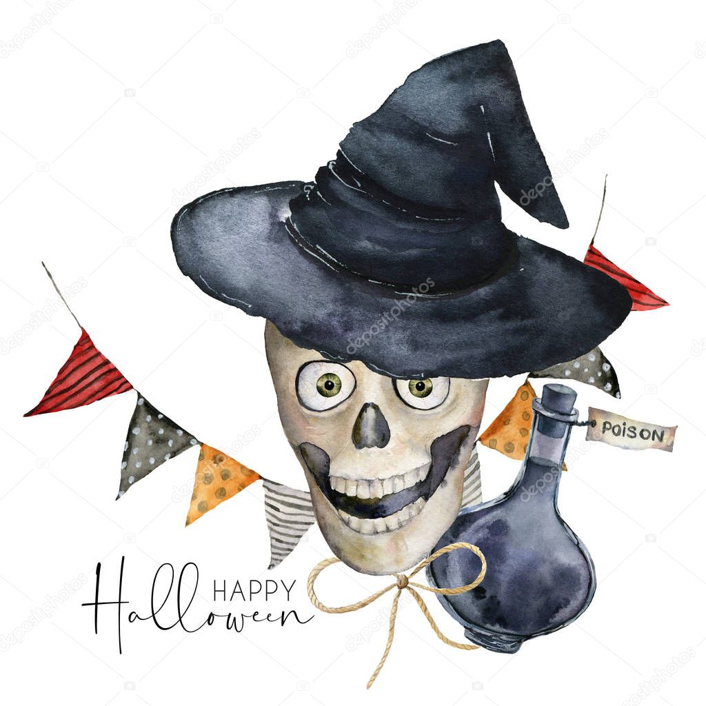 Watercolor halloween card with skull and flag garland. Hand painted holiday template with scull, hat and bottle of poison isolated on white background. Illustration for design, print or background.