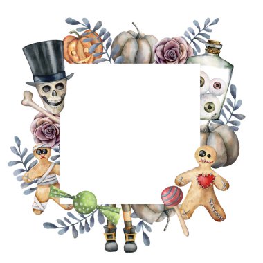 Kafatası ve çerez ile suluboya halloween kartı. Kabaklar, yapraklar ve beyaz arka plan üzerinde izole gözleri ile şişe ile el boyalı tatil şablonu. Tasarım, baskı veya arka plan için çizim.