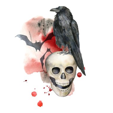 Kafatası ve karga ile suluboya halloween kartı. Siyah kuş, kırmızı kan ve beyaz arka plan üzerinde izole yarasa ile el boyalı şablon. Tatil kompozisyonu. Tasarım, baskı veya arka plan için çizim.