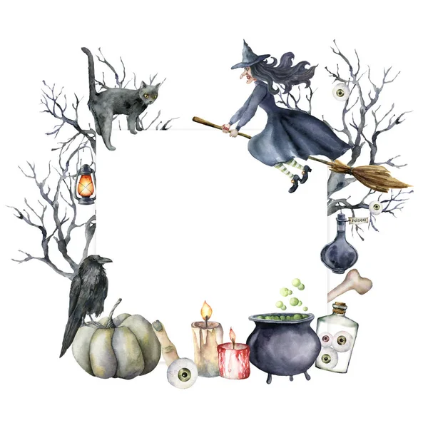 Cadı ve karga ile suluboya halloween kartı. Beyaz arka planda izole kabaklar, ağaç, kedi, fener ve zehir ile el boyalı tatil şablonu. Tasarım, baskı veya arka plan için çizim. — Stok fotoğraf