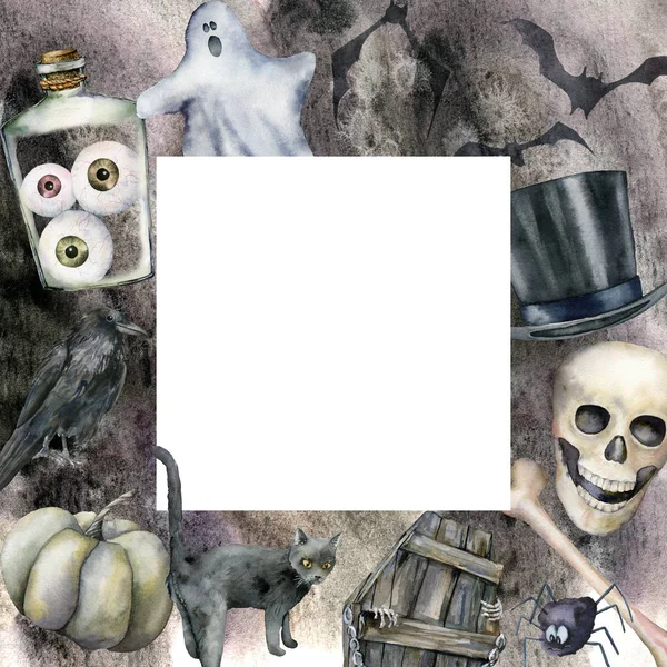 ハロウィーンのシンボルを持つ水彩カード。灰色の背景に隔離されたカボチャ、猫、目、頭蓋骨と棺と手描きの休日のテンプレート。デザイン、印刷、背景用のイラストレーション. — ストック写真