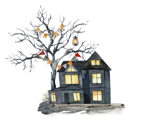 Carte halloween aquarelle avec arbre noir et maison. Modèle de vacances peint à la main avec guirlandes de drapeau, lanterne et bois isolé sur fond blanc. Illustration pour la conception, l'impression ou le fond . — Photo