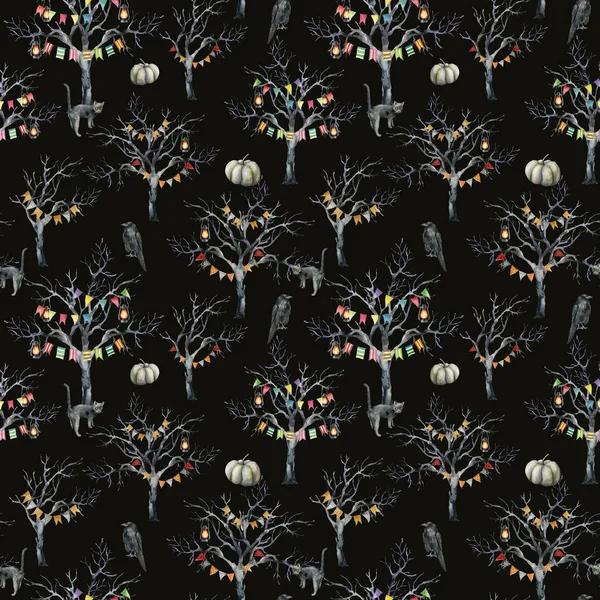 Akwarela Halloween bezszwowe wzór z drzewa i kota. Ręcznie malowane szablon wakacje z Wrona, Latarnia, dynia i drewno izolowane na czarnym tle. Ilustracja do projektowania, drukowania lub tła. — Zdjęcie stockowe