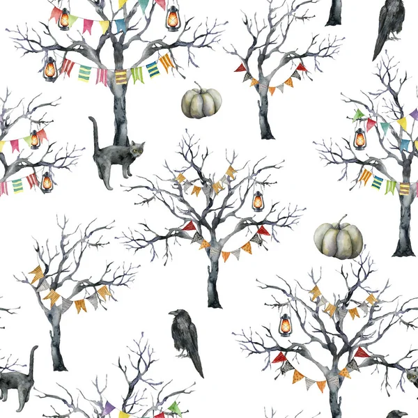 Patrón sin costura de halloween acuarela con árbol y cuervo. Plantilla de vacaciones pintada a mano con gato, linterna, calabaza y madera aislada sobre fondo blanco. Ilustración para diseño, impresión o fondo . — Foto de Stock