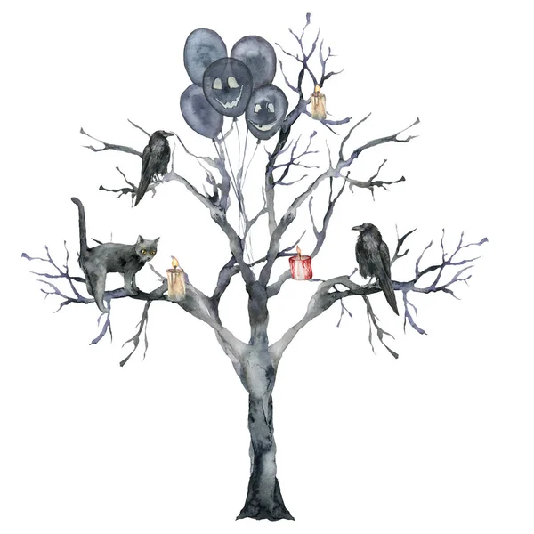Ζωγραφική αποκριάτικες κάρτες με δέντρο, γάτα και κοράκι. Ζωγραφισμένα στο χέρι πρότυπο διακοπών με κερί, αερόστατα και ξύλο απομονώνονται σε λευκό φόντο. Απεικόνιση για σχεδίαση, εκτύπωση ή φόντο. — Φωτογραφία Αρχείου