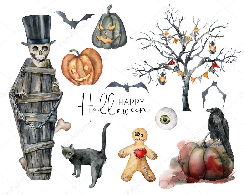Watercolor halloween labels set. Hand painted holiday set with cat, pumpkin, coffin, bat, tree, skull, crow and eye isolated on white background. Illustration for design, print or background.