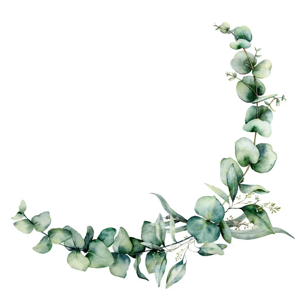 Watercolor eucalyptus border. Hand painted eucalyptus branch and leaves isolated on white background. Floral illustration for design, print, fabric or background. — Stock Photo, Image