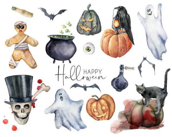 Watercolor elements set for halloween. Hand painted holiday set with cat, pumpkin, skull, crow, gingerbread, ghost and eye isolated on white background. Illustration for design, print or background.