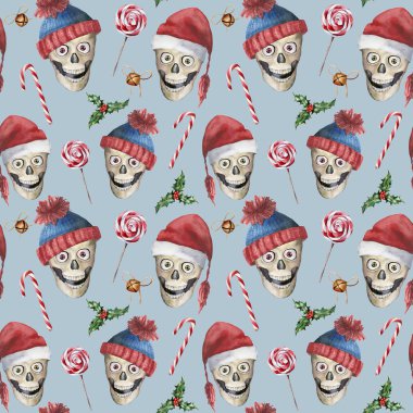Lolipop ve kafatasları ile suluboya noel dikişsiz desen. Şapkalar ile el boyaması tatil illüstrasyon, pastel mavi arka plan izole çan. Tasarım, baskı veya arka plan için kış deseni.