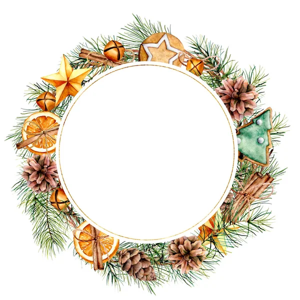 Watercolor Christmas wreath with winter decor. Hand painted fir border with cones, branches, cookies, orange slices, bells isolated on white background. Floral illustration for design or print. — Stock Photo, Image