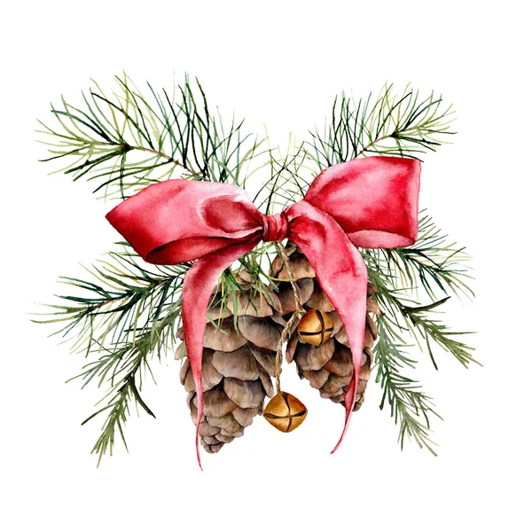 Acquerello composizione natalizia con coni e nastro rosso. Campane d'oro tradizionali dipinte a mano con rami d'albero di Natale isolati su sfondo bianco. Stampa natalizia per design o sfondo . — Foto Stock